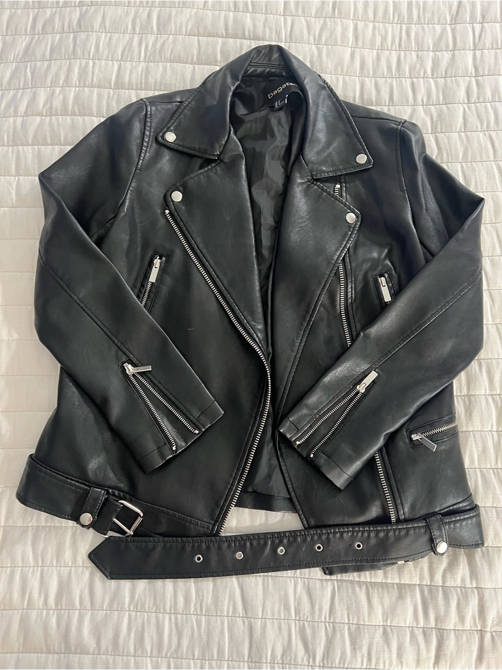 bagatelle Black Faux Leather Oversized Moto Jacket with Silver Hardware